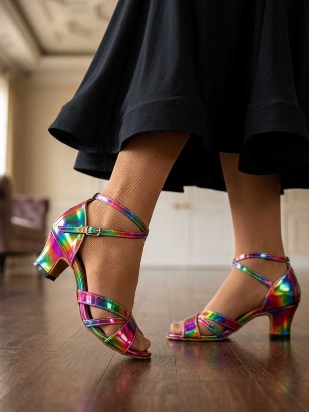 Women's Rainbow Metallic Ankle-Strap Dance Heels #199